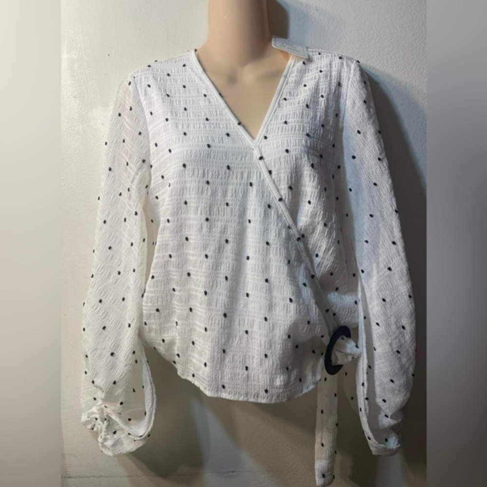 White Polka Dot Wrap Top With Ballon Sleeves